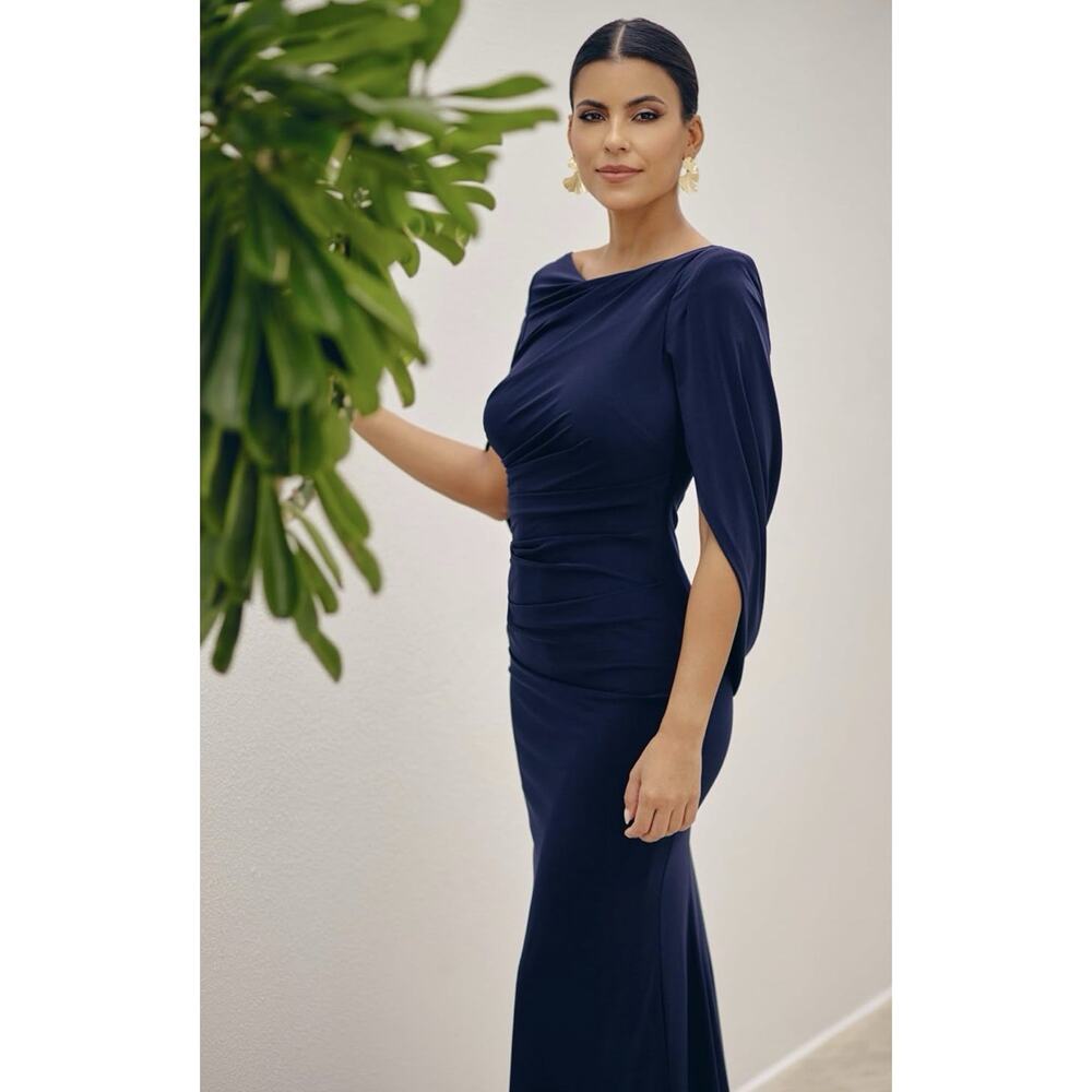 Betsy & Adam Navy Midi Dress with Draped Cape Sleeves
